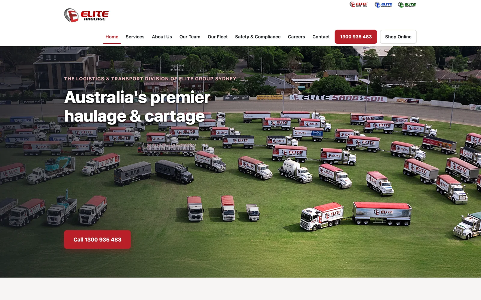 The Elite Haulage homepage: 'Australia's premier haulage & cartage' over a drone shot of the tipper fleet lined up on a showground.