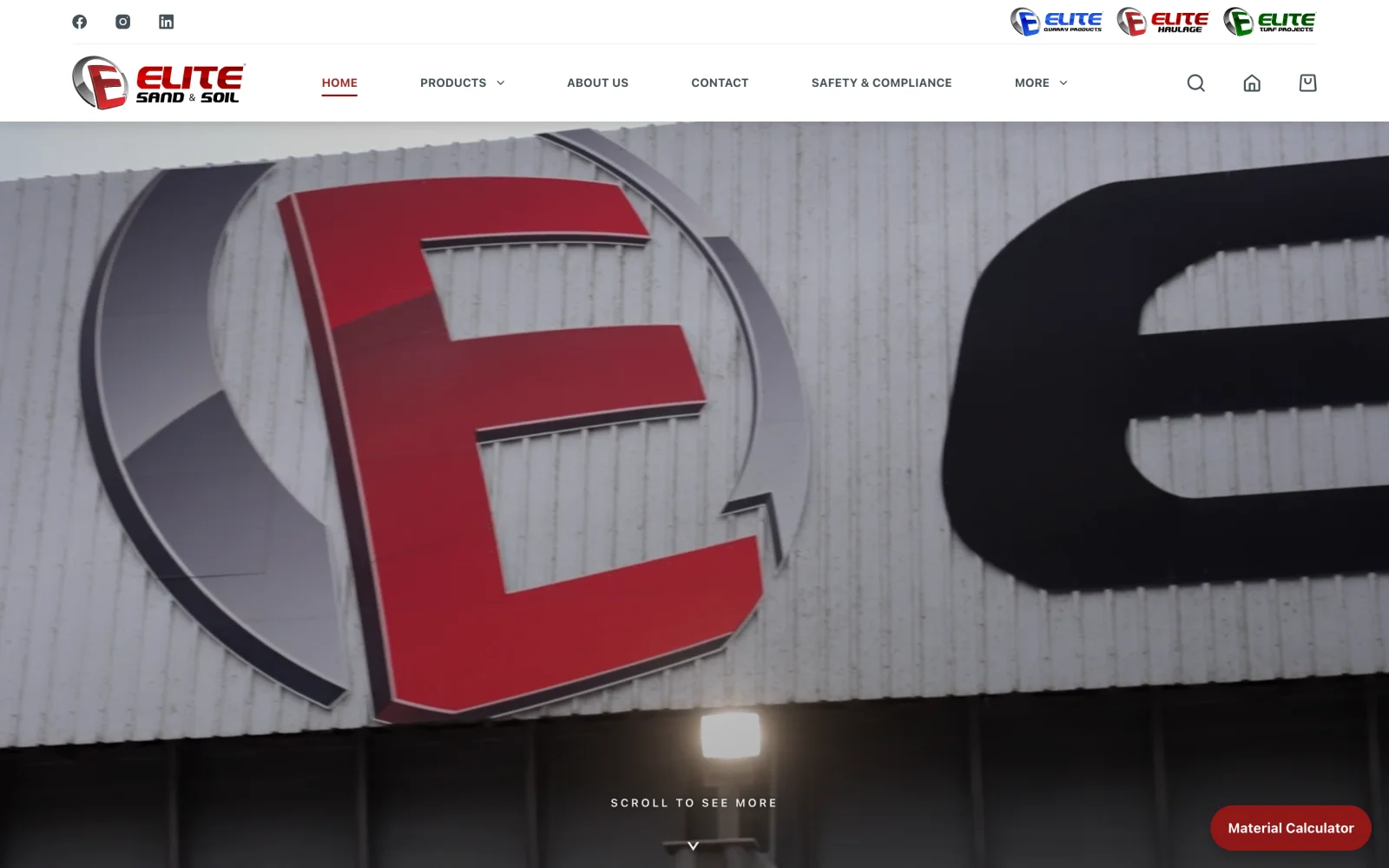 The Elite Sand & Soil homepage: the red Elite 'E' on the Jamisontown warehouse, with a material calculator call to action and cross-links to the group's other sites.