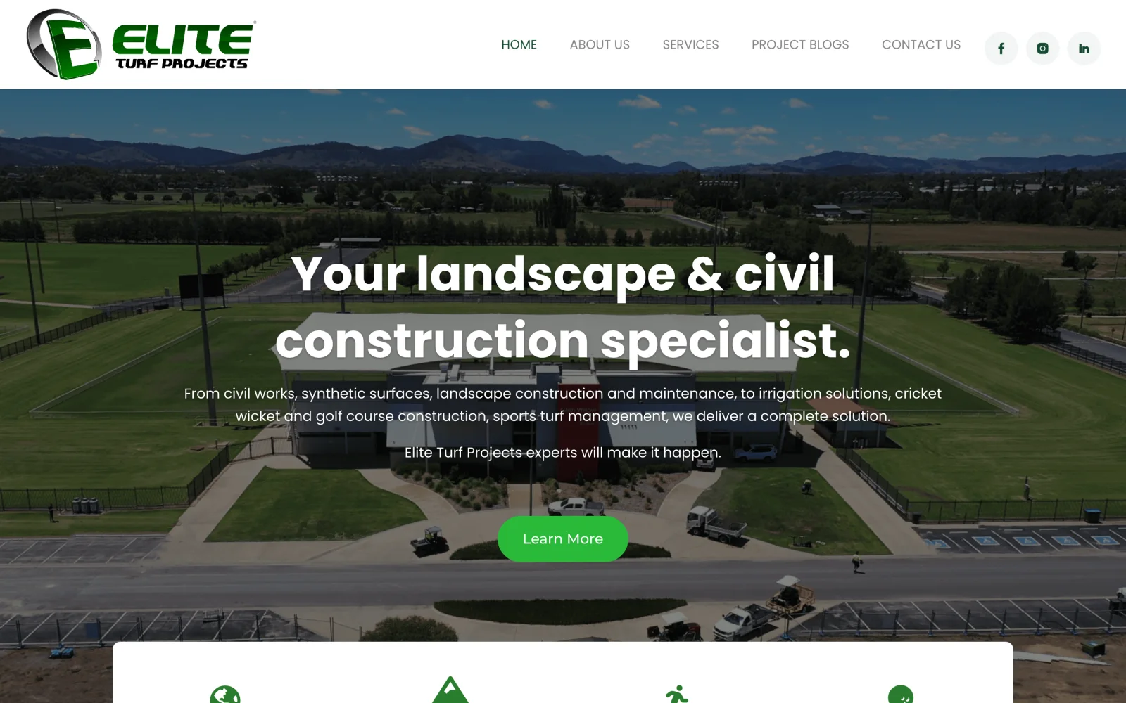 The Elite Turf Projects homepage: 'Your landscape & civil construction specialist' over a drone shot of a finished sports field.