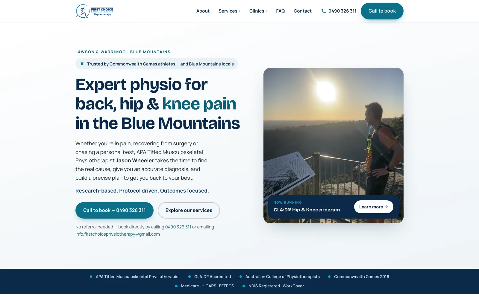 The First Choice Physiotherapy homepage: 'Expert physio for back, hip and knee pain in the Blue Mountains', with a call-to-book button and the clinic's accreditation strip.