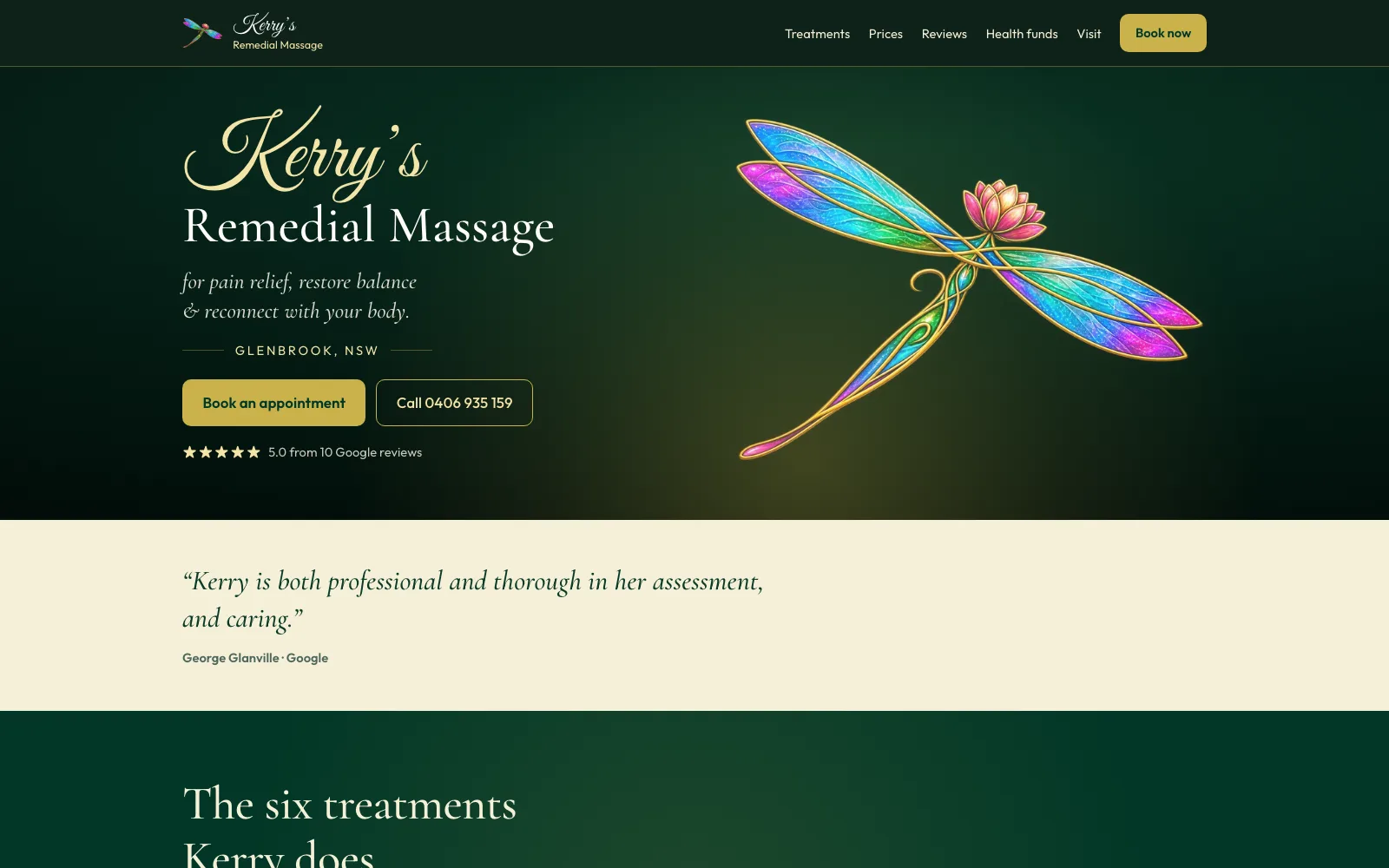 The Kerry's Remedial Massage homepage: a gold script wordmark over a dark green field with Kerry's dragonfly artwork, a book-an-appointment button and her Google rating.