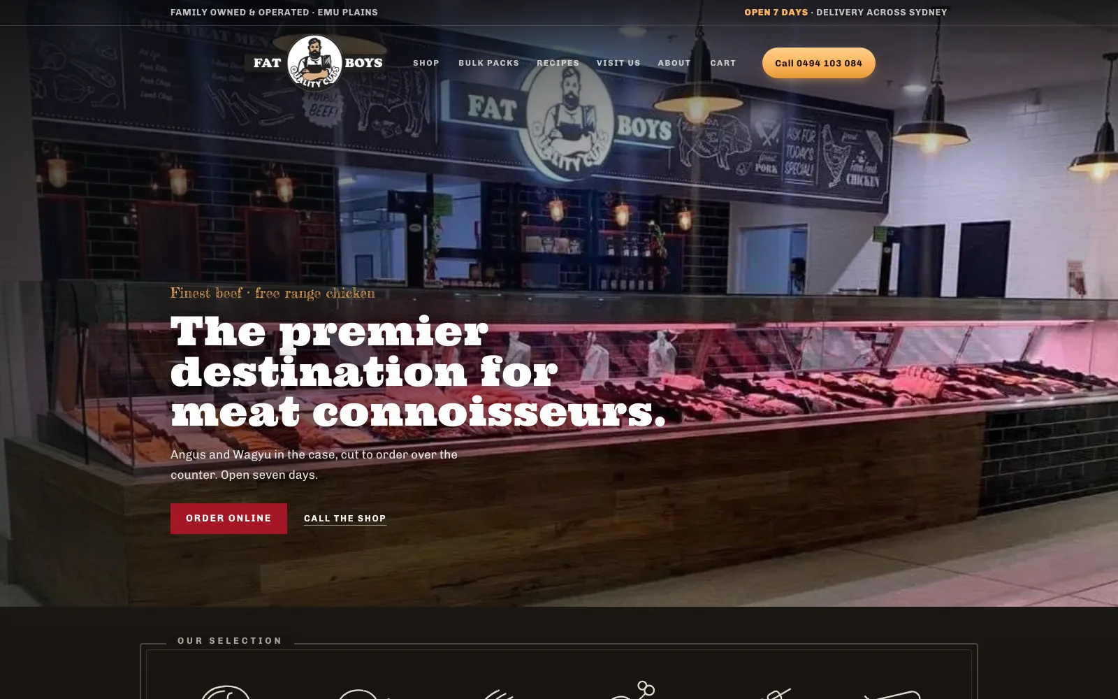The Fat Boy's Quality Cuts home page: a photograph of the shop's counter and display case under the heading The premier destination for meat connoisseurs, with Order online and Call the shop buttons.