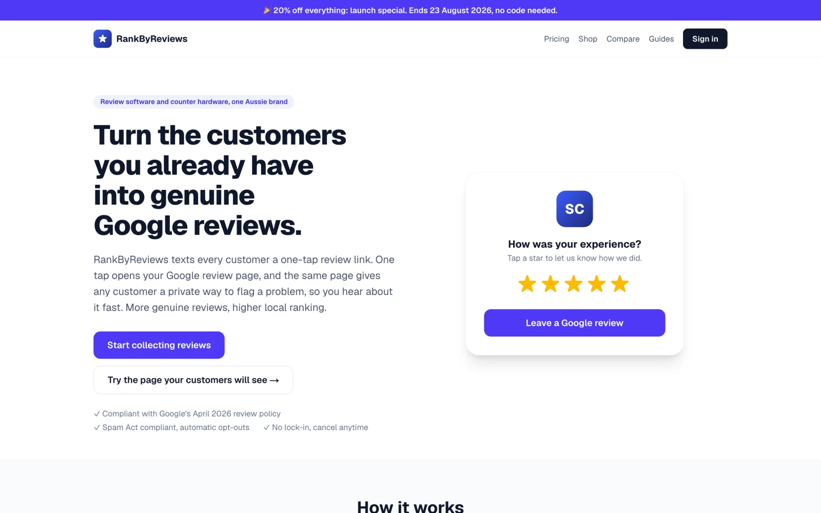 The RankByReviews homepage: 'Turn the customers you already have into genuine Google reviews', with a preview of the star-rating page customers see.
