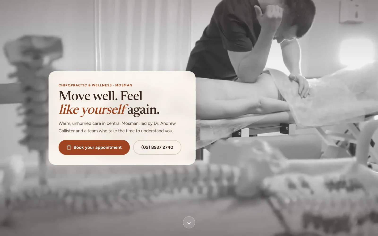 The ReFigure Chiropractic homepage: 'Move well. Feel like yourself again.' with a book-appointment button and clinic phone number.