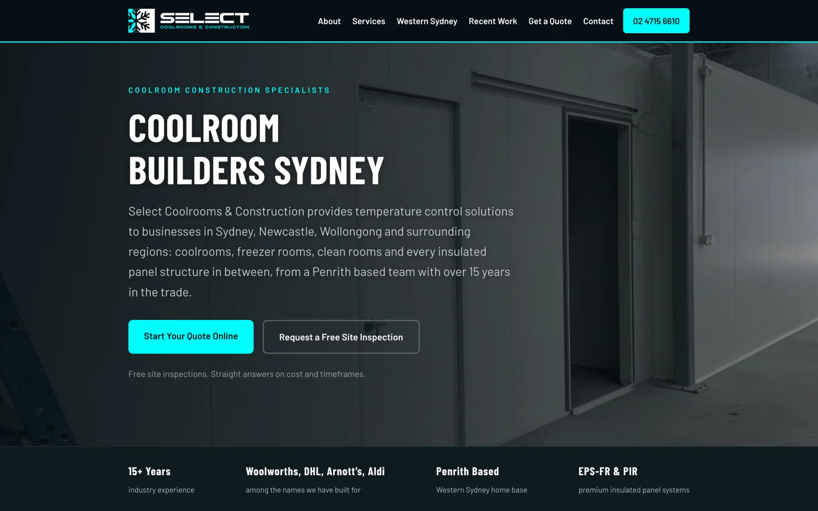 The Select Coolrooms & Construction homepage: 'Coolroom Builders Sydney', with an online quote and free site inspection call to action.