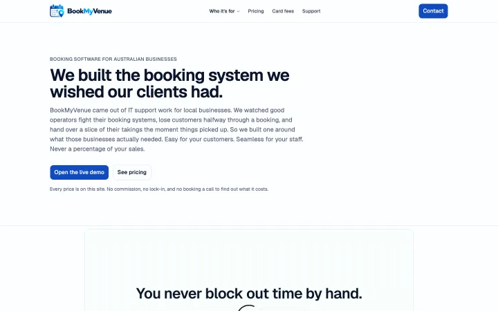 BookMyVenue website homepage (booking software)