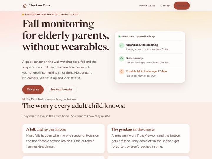 Check On Mum website, ageing-in-place monitoring
