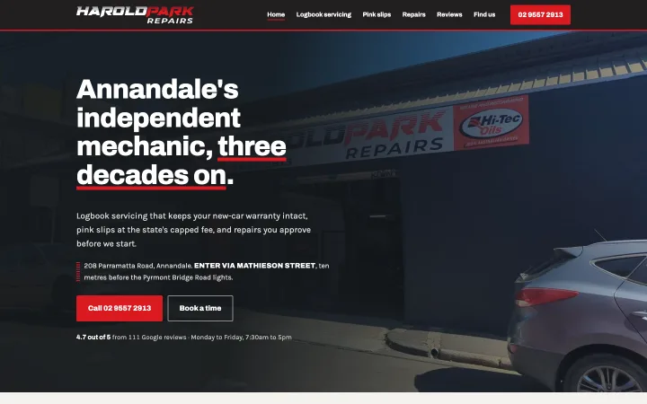Harold Park Repairs website homepage (mechanic · Annandale)