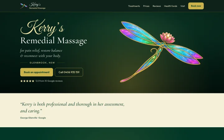 Kerry Phillippi Remedial Massage website homepage (remedial massage &middot; Glenbrook)