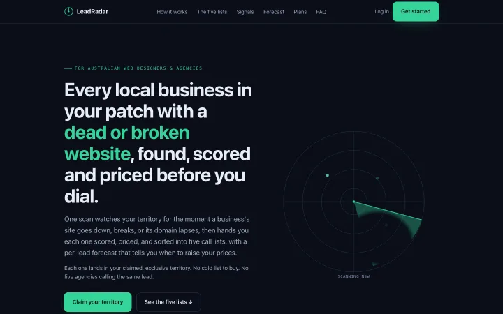 LeadRadar website homepage (lead finder)