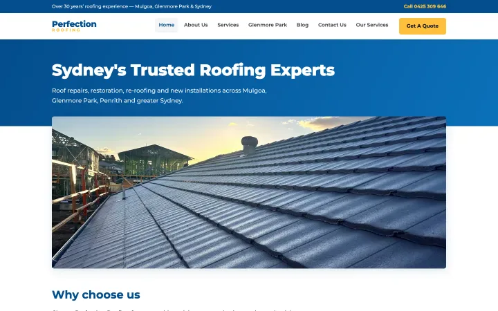 Perfection Roofing website homepage (trades · Glenmore Park)