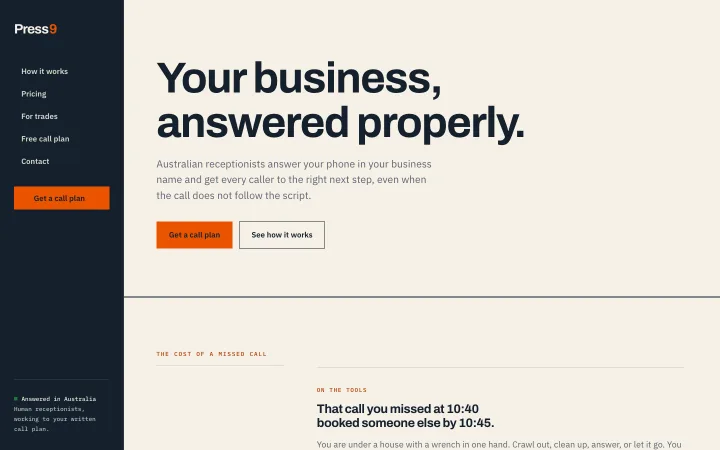Press9 website homepage (virtual reception)