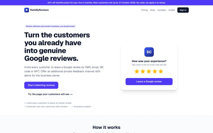 RankByReviews website homepage (review tool)